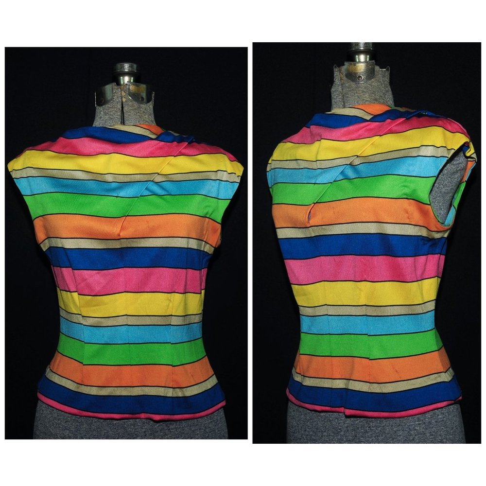 VTG 70's Bright Stripe Sleeveless Blouse Full Metal Back Zip Costume Theater XS